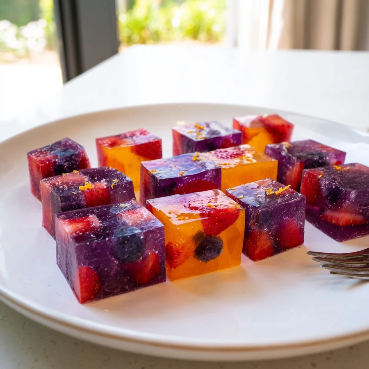 Colorful collagen fruit jellies gleaming in a silicone mold, ready to serve