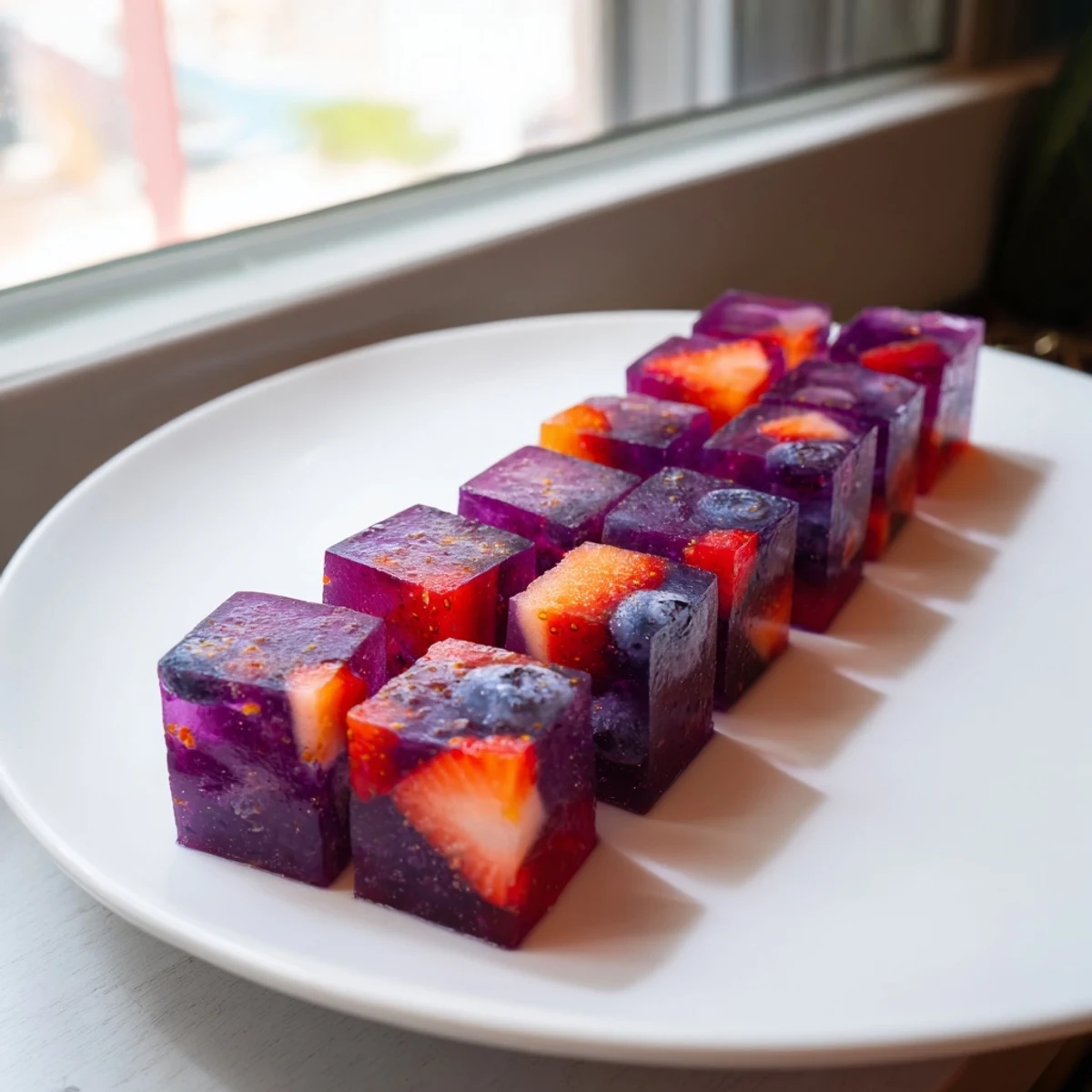 Vibrant homemade collagen fruit jellies with fresh berries in a glass baking dish