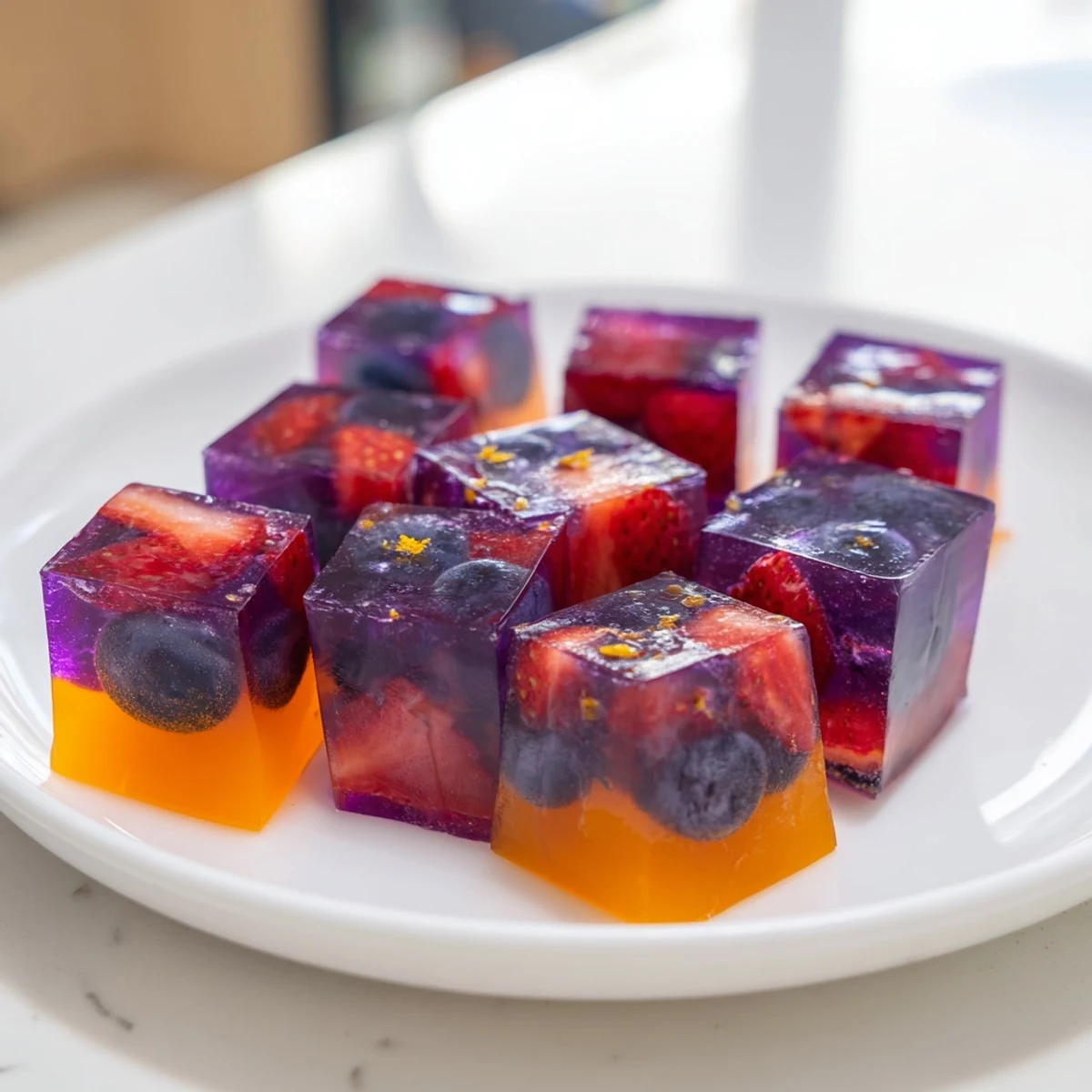 Sparkling fruit juice cubes dusted with citrus zest on a chilled dessert plate