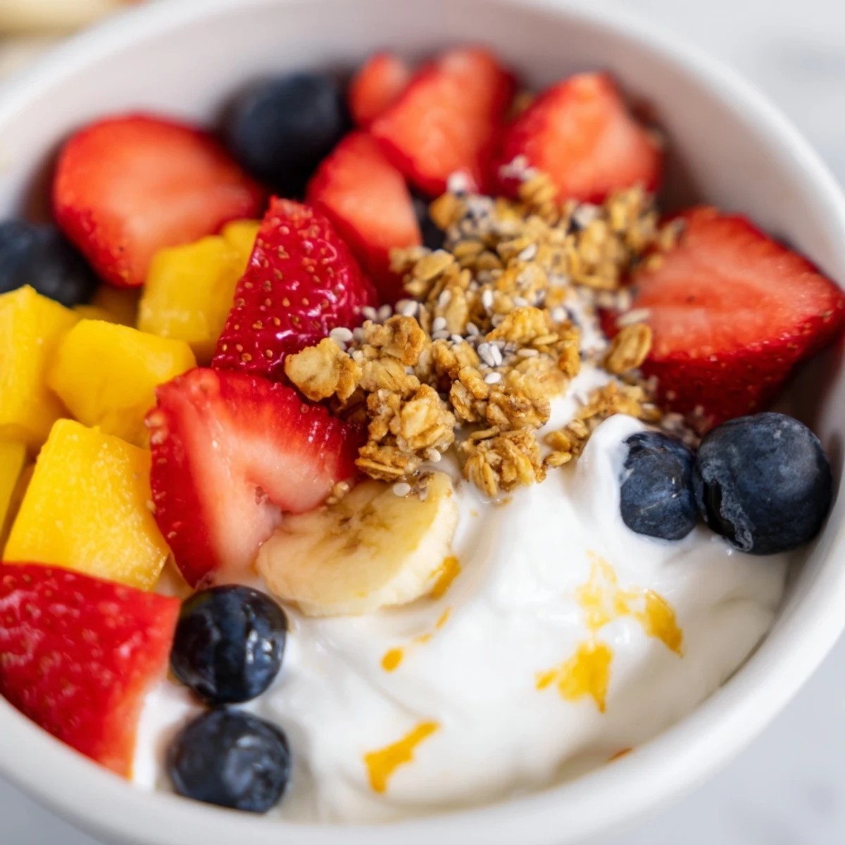 Creamy yogurt fruit bowl topped with fresh strawberries, blueberries, and crunchy granola
