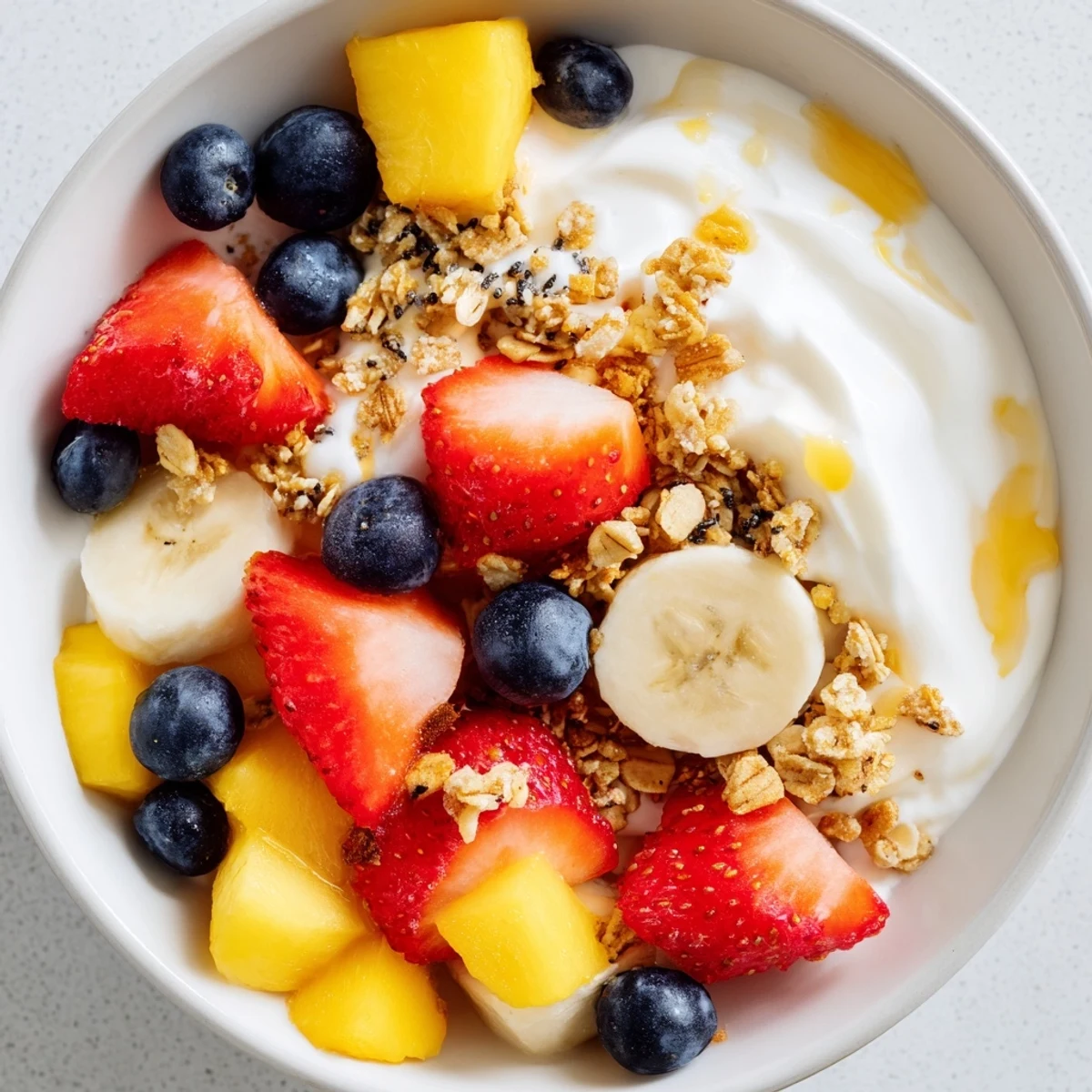 Vibrant yogurt fruit bowl drizzled with honey and sprinkled with chia seeds