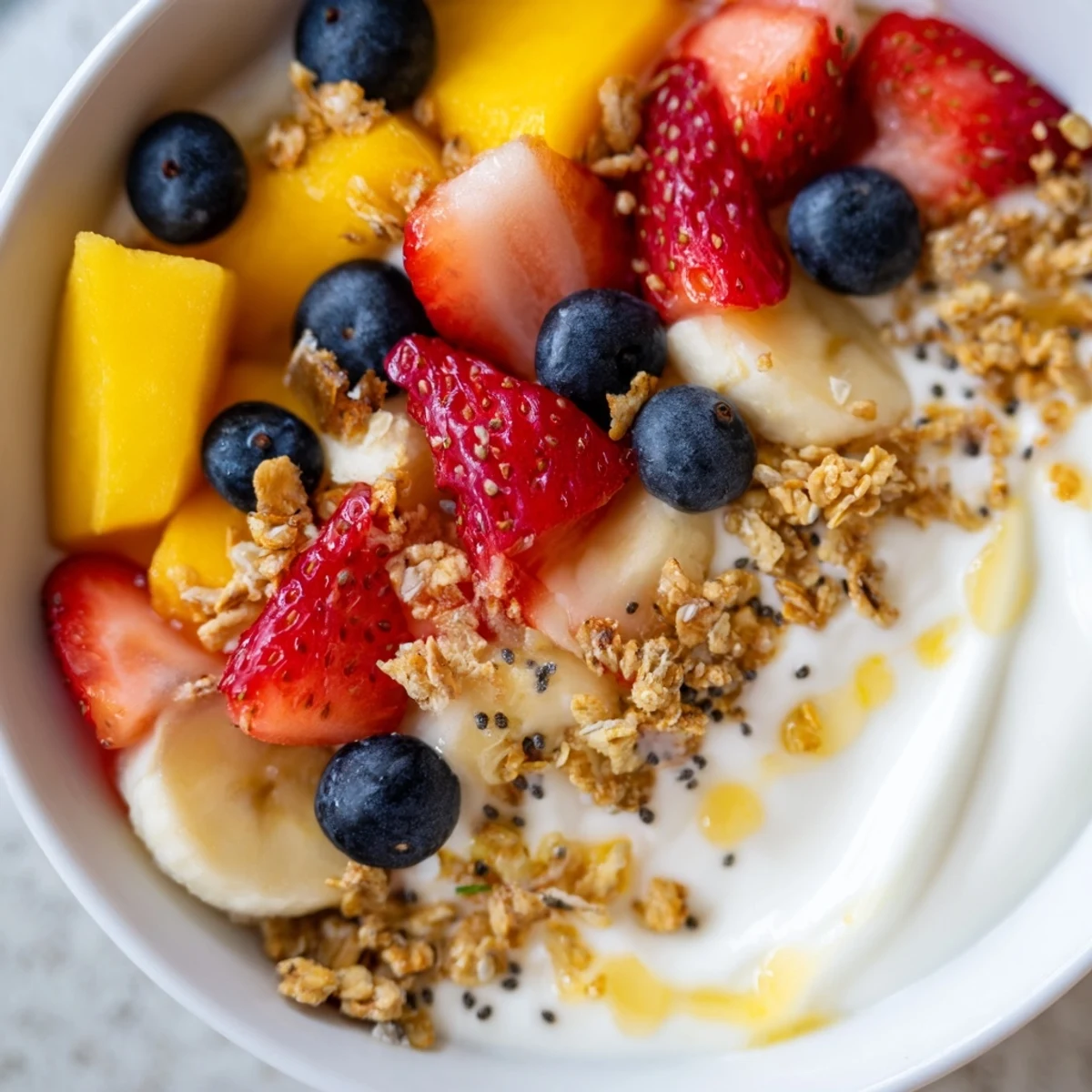 Colorful yogurt fruit bowl featuring ripe mango, banana slices, and mixed berries