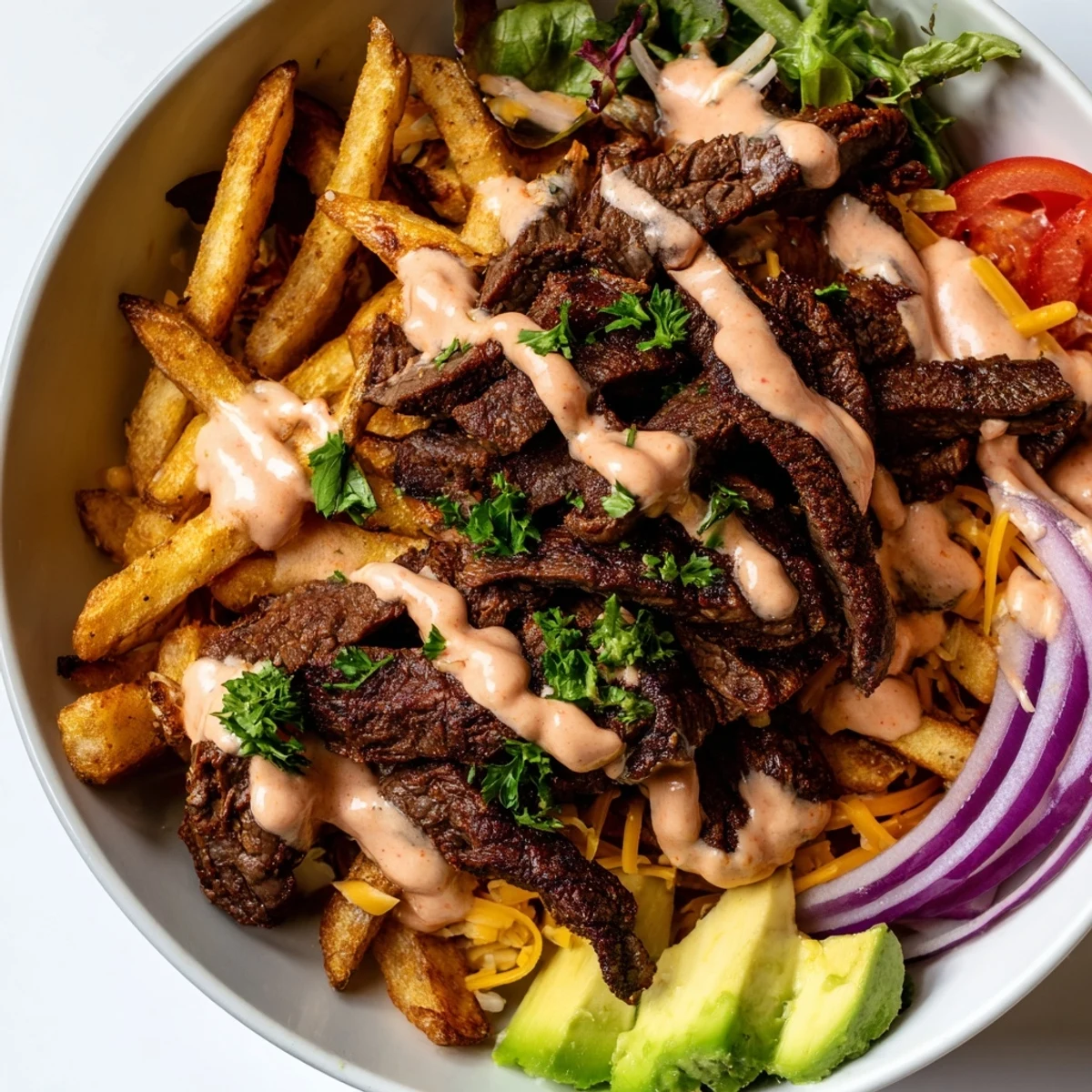 Tender seared steak strips crispy fries bowl topped with avocado and melted cheddar