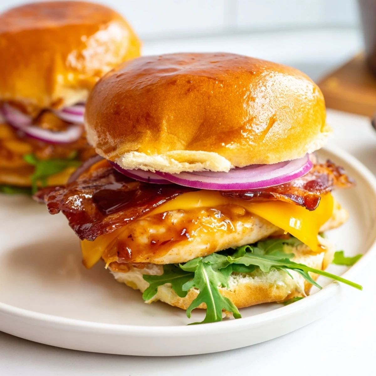 Golden maple chicken bacon sliders stacked on toasted buns with melted cheddar and crispy bacon strips