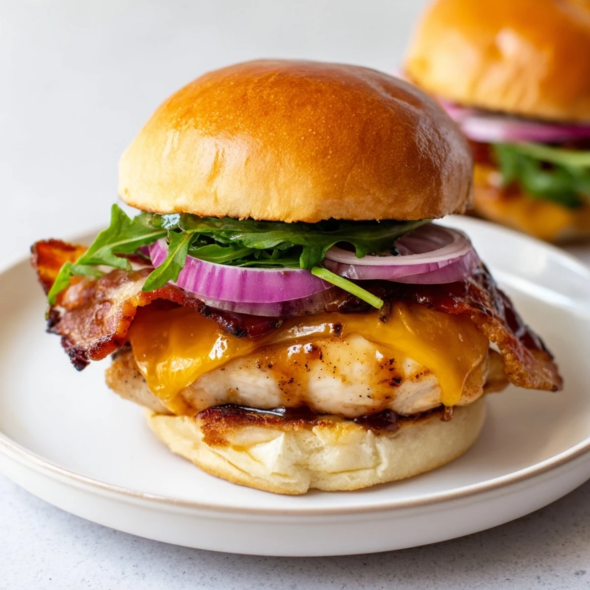 Juicy maple-glazed chicken bacon sliders topped with fresh arugula and caramelized red onion on buttery buns