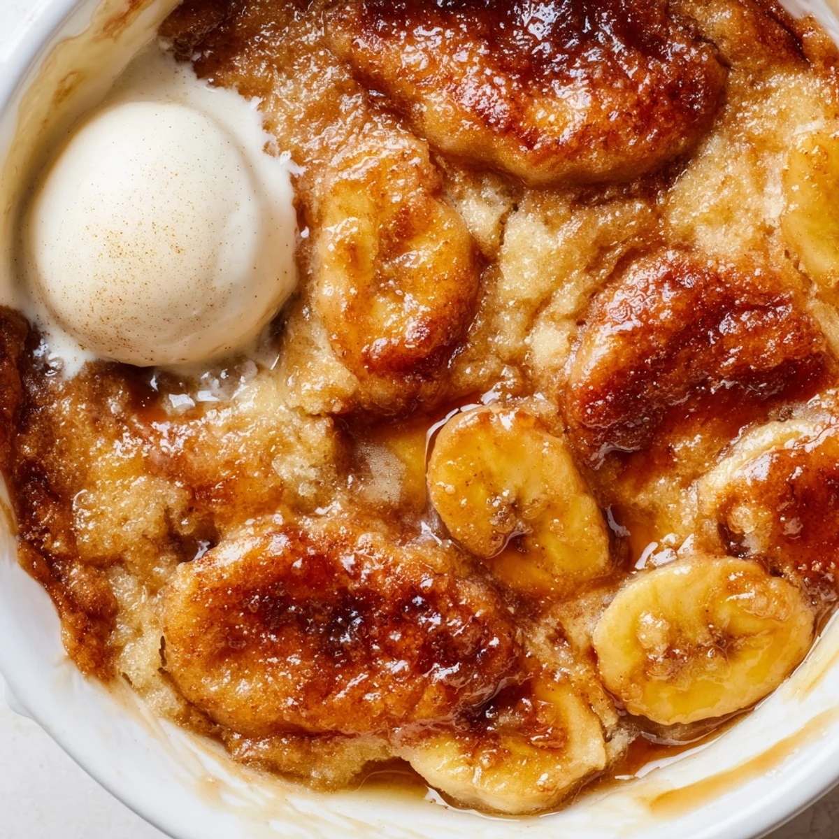 Warm Southern banana cobbler with caramelized banana filling bubbling under a golden crust