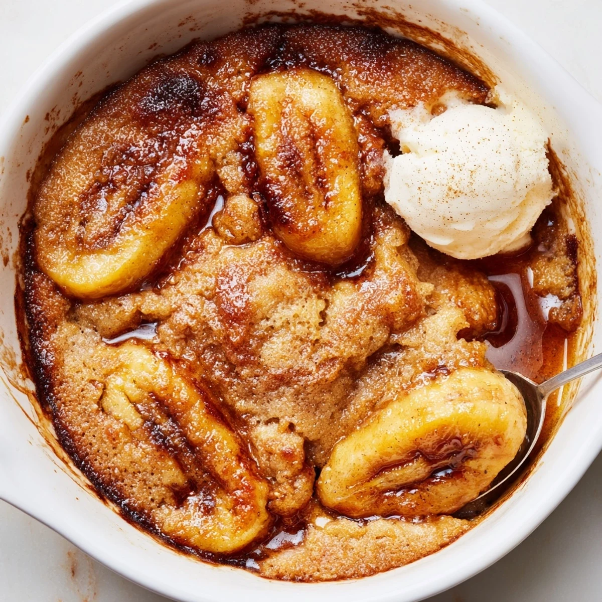 Southern banana cobbler served in a rustic baking dish with melty vanilla ice cream