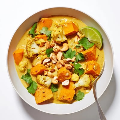 Rich vegetarian kumara cauliflower cashew korma curry served over steamed white basmati rice
