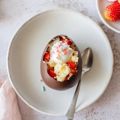 Festive chocolate Easter eggs filled with layers of tender shortcake, juicy strawberries, and fluffy whipped cream for a spring dessert.
