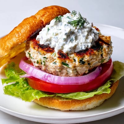 Juicy Mediterranean chicken patties layered with fresh tomato lettuce and tangy yogurt tzatziki on sesame seed buns