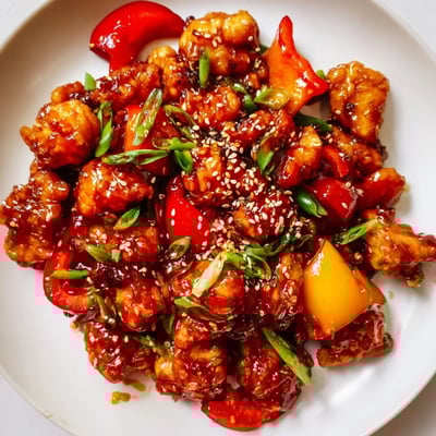 Tender spicy dragon chicken stir-fried with garlic and ginger in a sticky sweet glaze