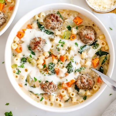 Steaming pot of creamy Italian meatball soup filled with tender beef meatballs, vegetables, and pasta