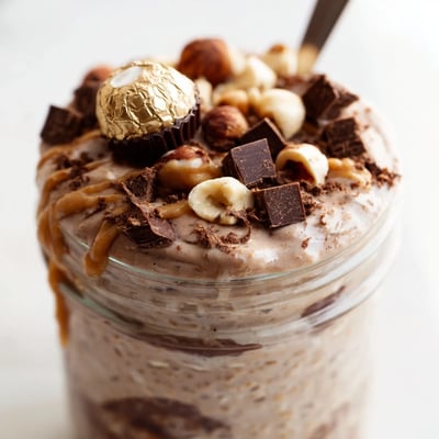 Rich chocolate hazelnut overnight oats layered with Greek yogurt and garnished with halved Ferrero Rocher chocolates