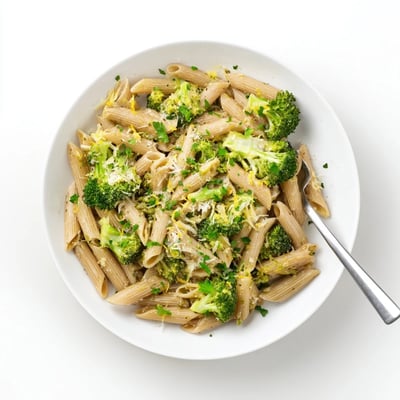 Easy healthy broccoli pasta served in a white bowl with grated parmesan and fresh parsley garnish