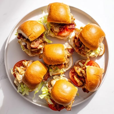 Juicy honey mustard BLT chicken sliders layered with melted sauce, crunchy lettuce, and ripe tomato slices