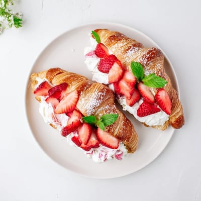Flaky pastry breakfast sandwich stuffed with sweet strawberry cream cheese and topped with ripe berry slices