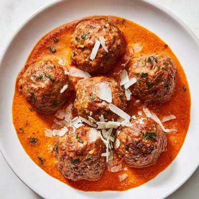 Golden-brown meatballs swimming in a rich creamy tomato basil sauce with parmesan