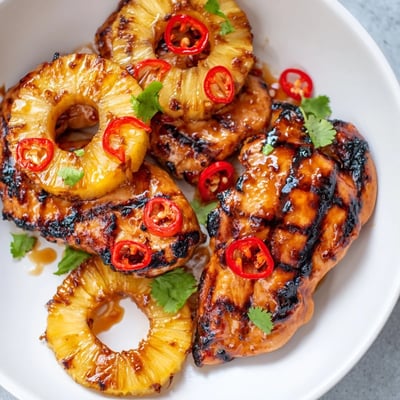 Golden Chili Pineapple Grilled Chicken sizzling off the grill alongside charred pineapple rings