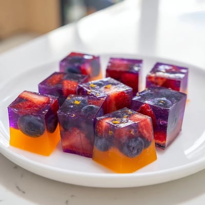 Sparkling fruit juice cubes dusted with citrus zest on a chilled dessert plate